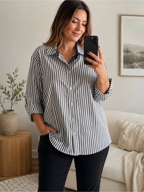 Versailles 100% Cotton Striped Button Down Shirt 1X Roll Tab Sleeve